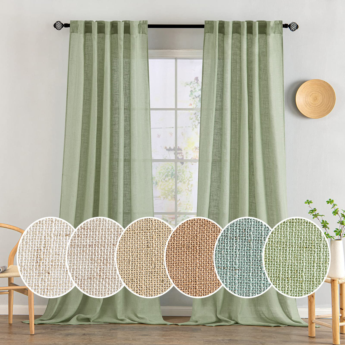 MIULEE Natural White Linen Curtains 52x96 Inch Long 2 Panels for Bedroom