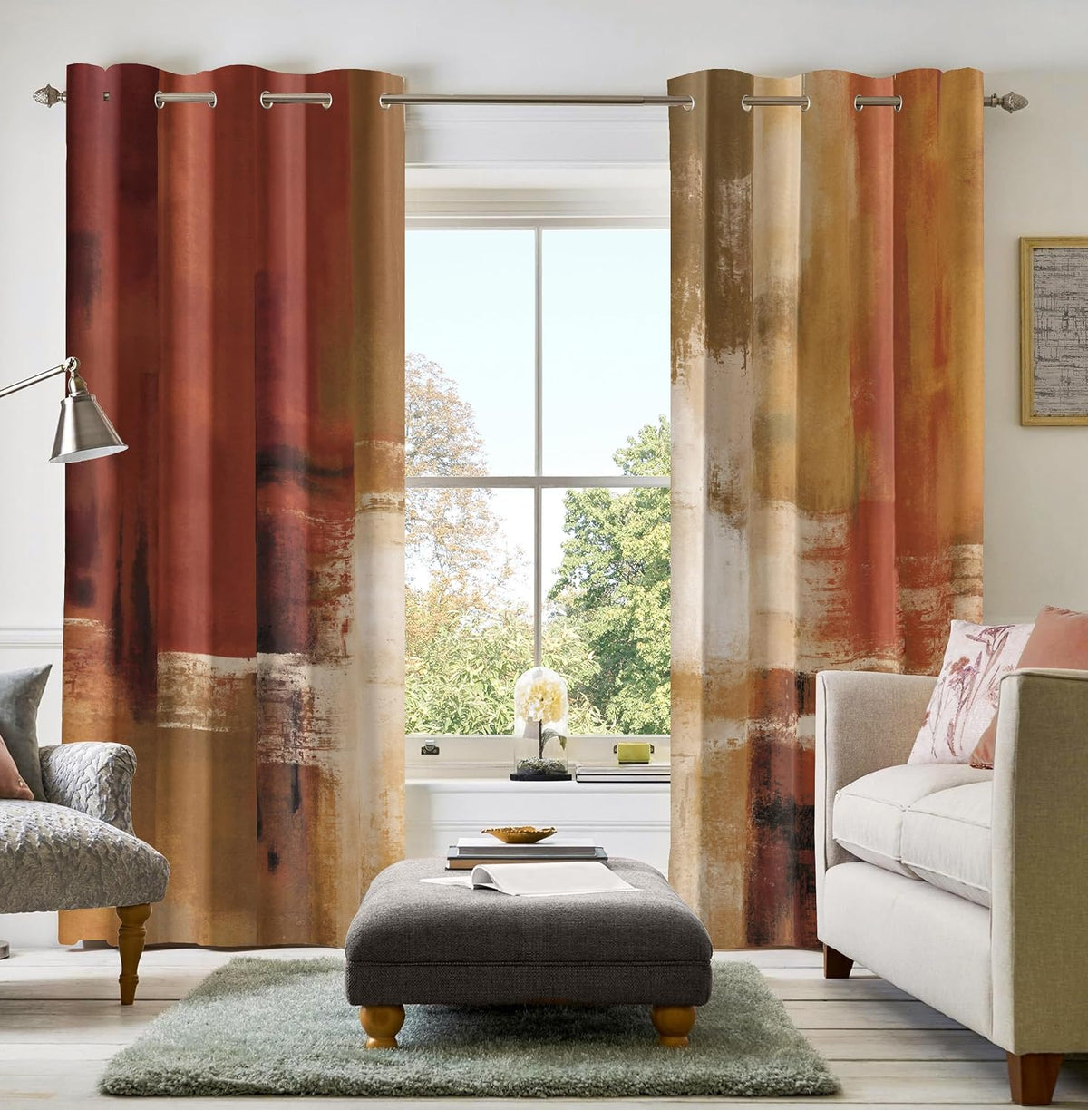 Burnt Orange Abstract Curtains for Living Room Bedroom, 52W x 84L, 2 Panels