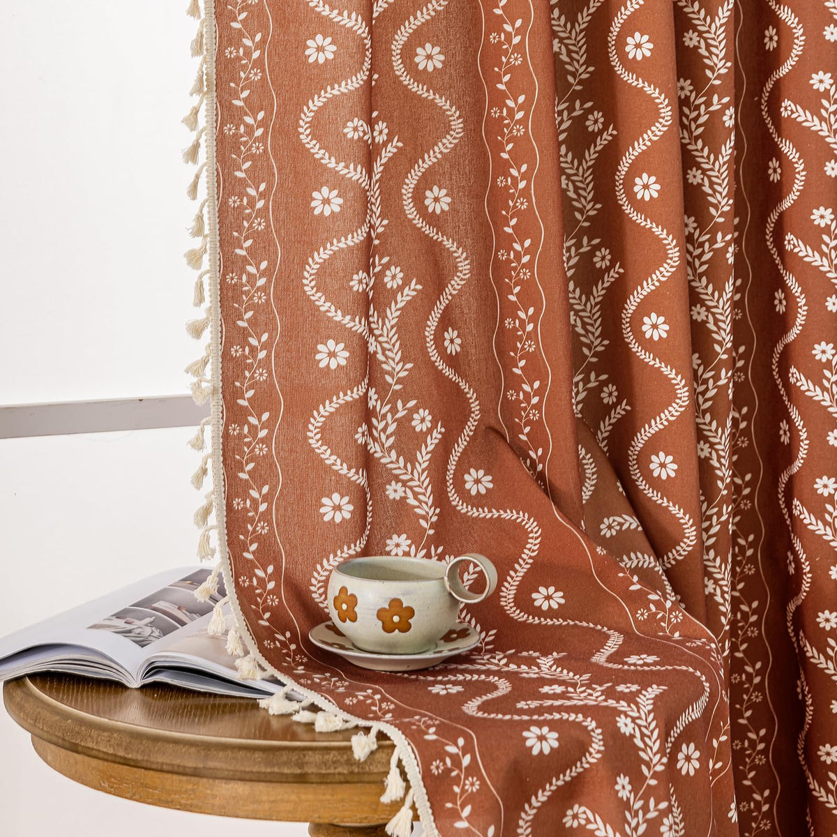 Navy Blue Boho Curtains 72 Inch Long for Living Room, Bedroom, 2 Panels Floral Farmhouse Vintage Tassel Semi Sheer Light Filtering Privacy Window Curtain Drapes with Rod Pocket, Navy Blue