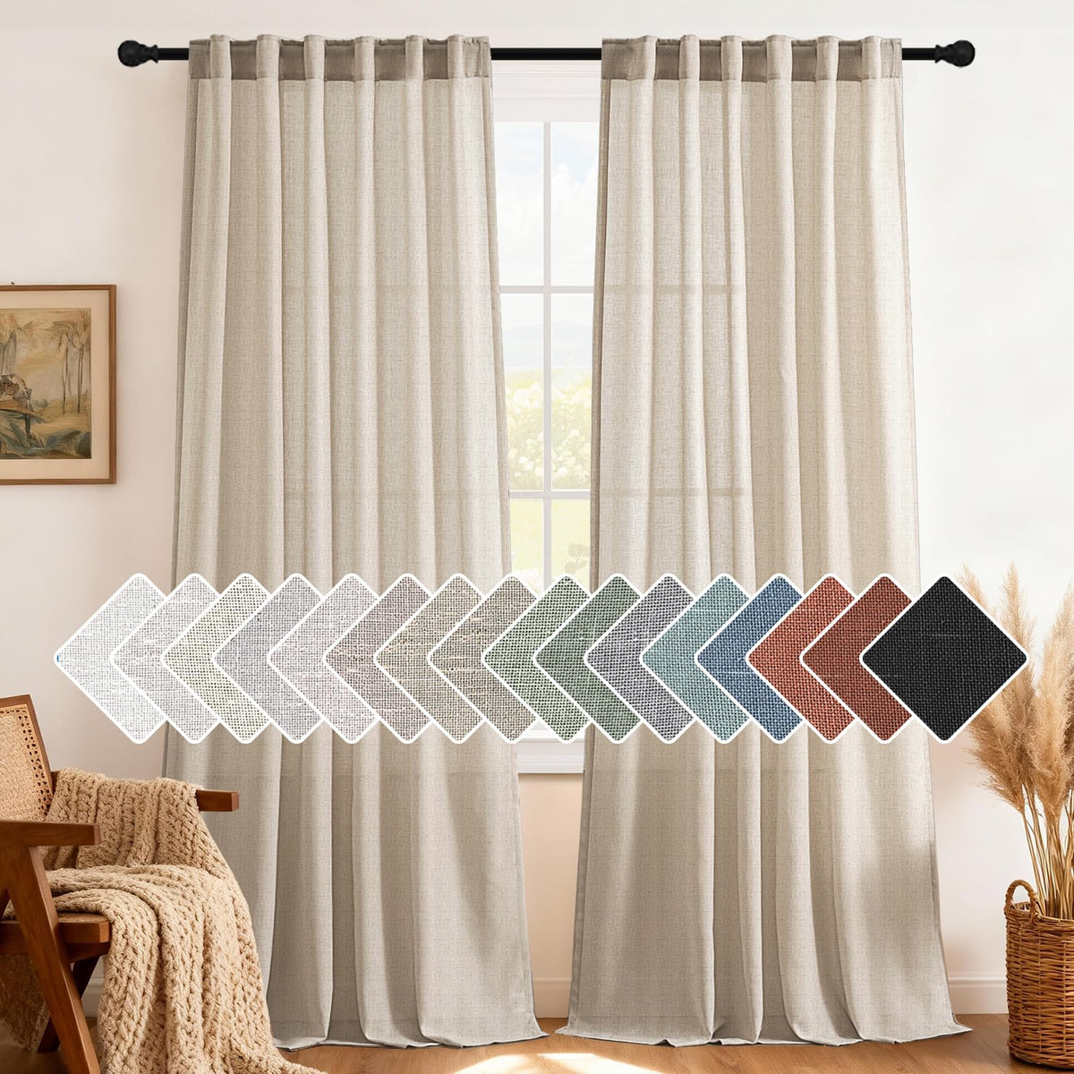 H.VERSAILTEX Natural Linen Grommet Curtains 84 Inch Length for Living Room 2 Panel Drape Semi Sheer Neutral Country Rustic Farmhouse Boho Curtain Bedroom Muslin Look Light Filtering, Heathered Natural