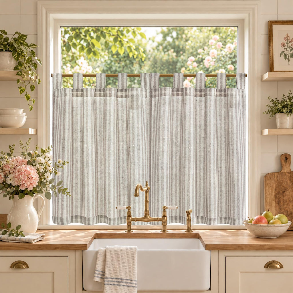 jinchan Striped Linen Kitchen Curtains 36 Inches Length Tier Curtains Farmhouse Modern Cafe Style Small Window Treatments Airy Light Filtering Rod Pocket for Living Room Bathroom 2 Panels Sage Green