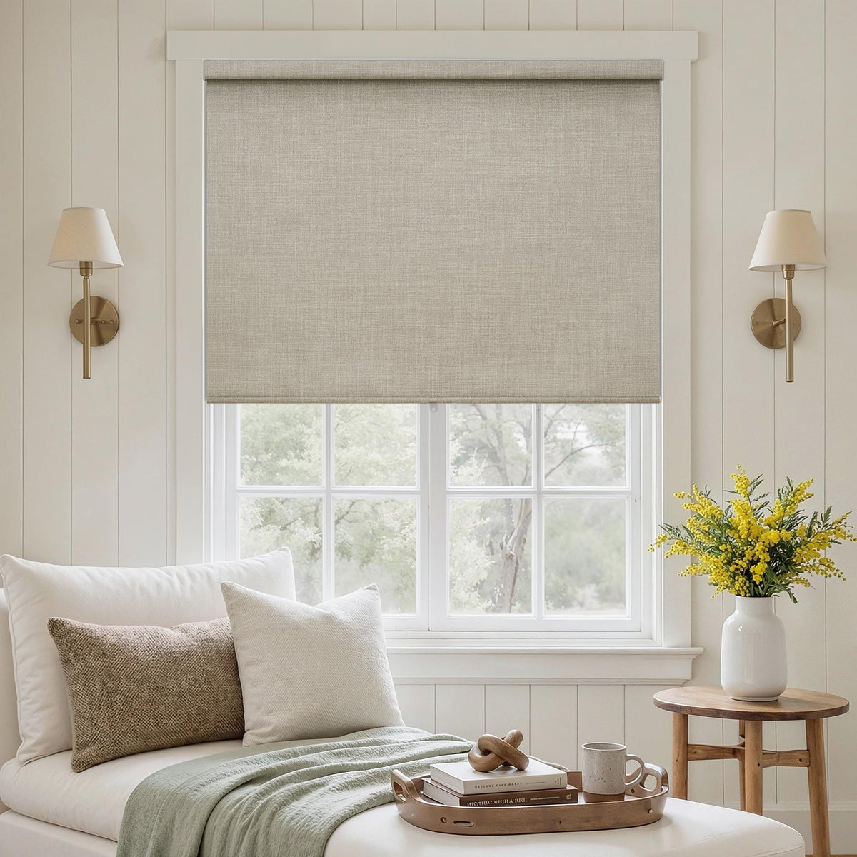 Blackout Roller Shades for Bedroom Window Cordless Free-Stop Blinds with Valance UV Protection 100% Black Out Linen Shades Blinds for Indoor Bathroom Windows Living Room Beige Oatmeal 34" W x 72" H
