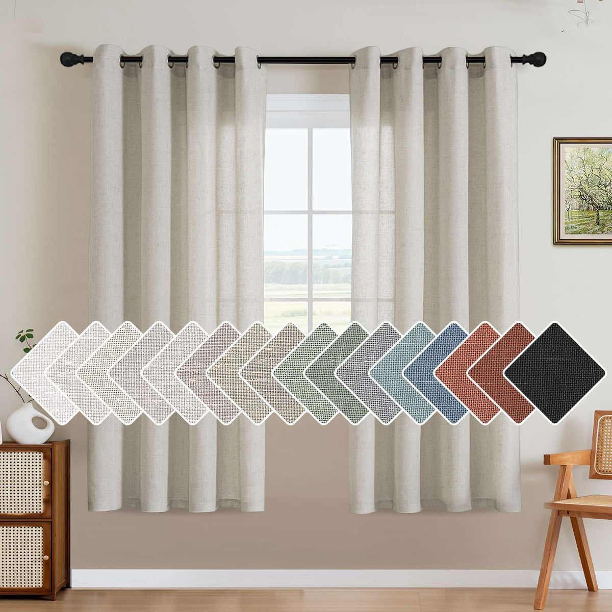 H.VERSAILTEX Natural Linen Grommet Curtains 84 Inch Length for Living Room 2 Panel Drape Semi Sheer Neutral Country Rustic Farmhouse Boho Curtain Bedroom Muslin Look Light Filtering, Heathered Natural