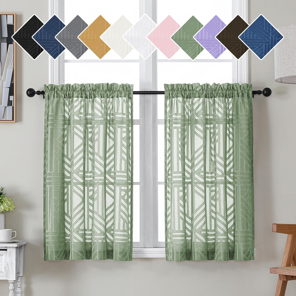 Simplebrand Dusty Blue Semi Sheer Curtains 45 Inch Length 2 Panels, Geometric Jacquard Clip Textured Short Sheer Curtains for Bedroom，Modern Elegant Window Curtains Drapes/Treatment Sheer，42x45 inch