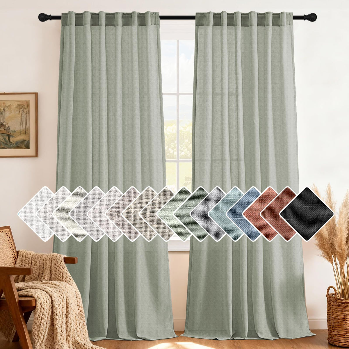 H.VERSAILTEX Natural Linen Grommet Curtains 84 Inch Length for Living Room 2 Panel Drape Semi Sheer Neutral Country Rustic Farmhouse Boho Curtain Bedroom Muslin Look Light Filtering, Heathered Natural