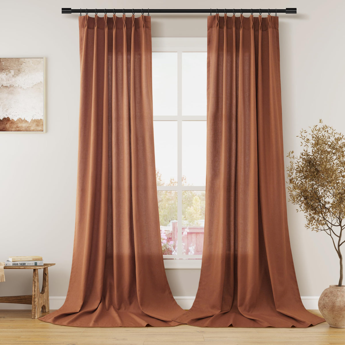 Aersas Linen Pinch Pleated Curtains 84 Inch Length 2 Panels Set for Living Room Cream Semi Sheer Window Curtain for Bedroom Boho Farmhouse Neutral Back Tab Drape Decor with Hooks, Natural Beige Ivory