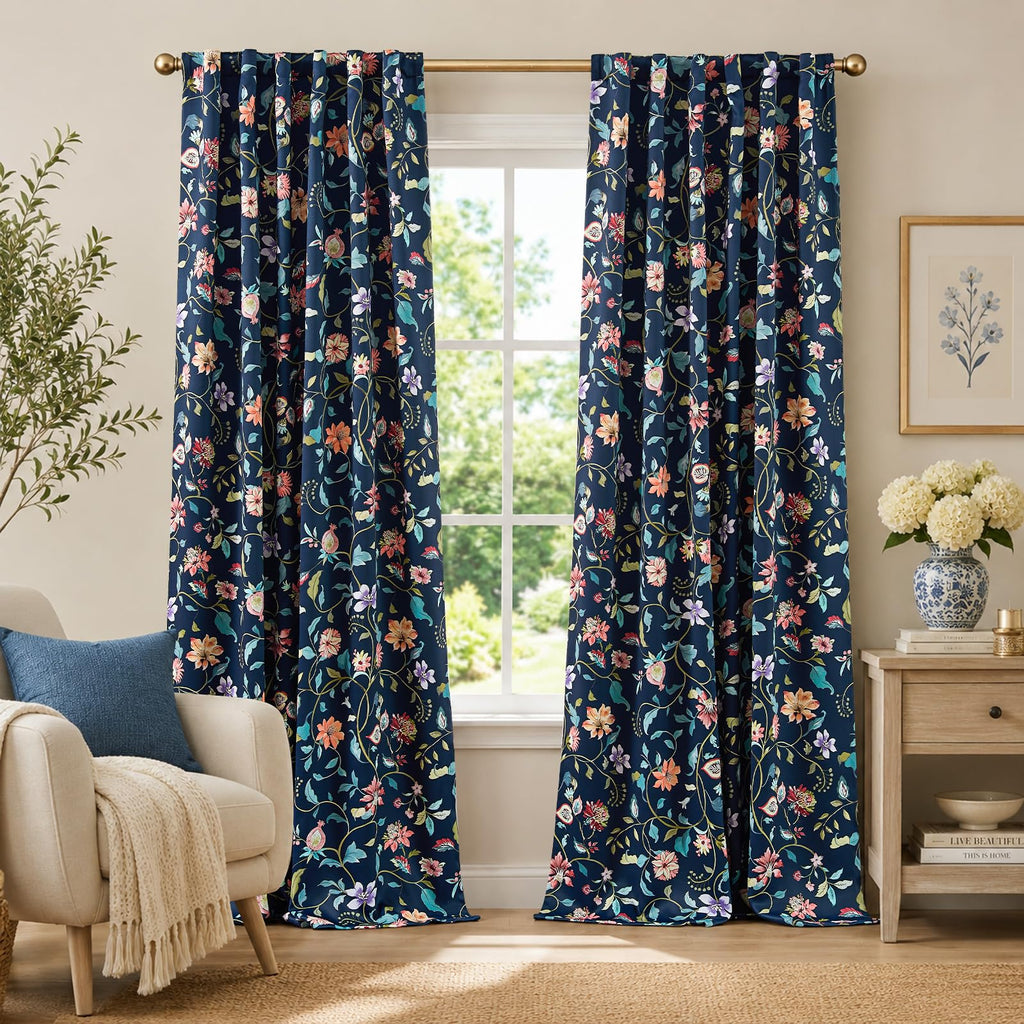 jinchan Black Boho Floral Blackout Curtains W100xL96 Grommet 1 Panel