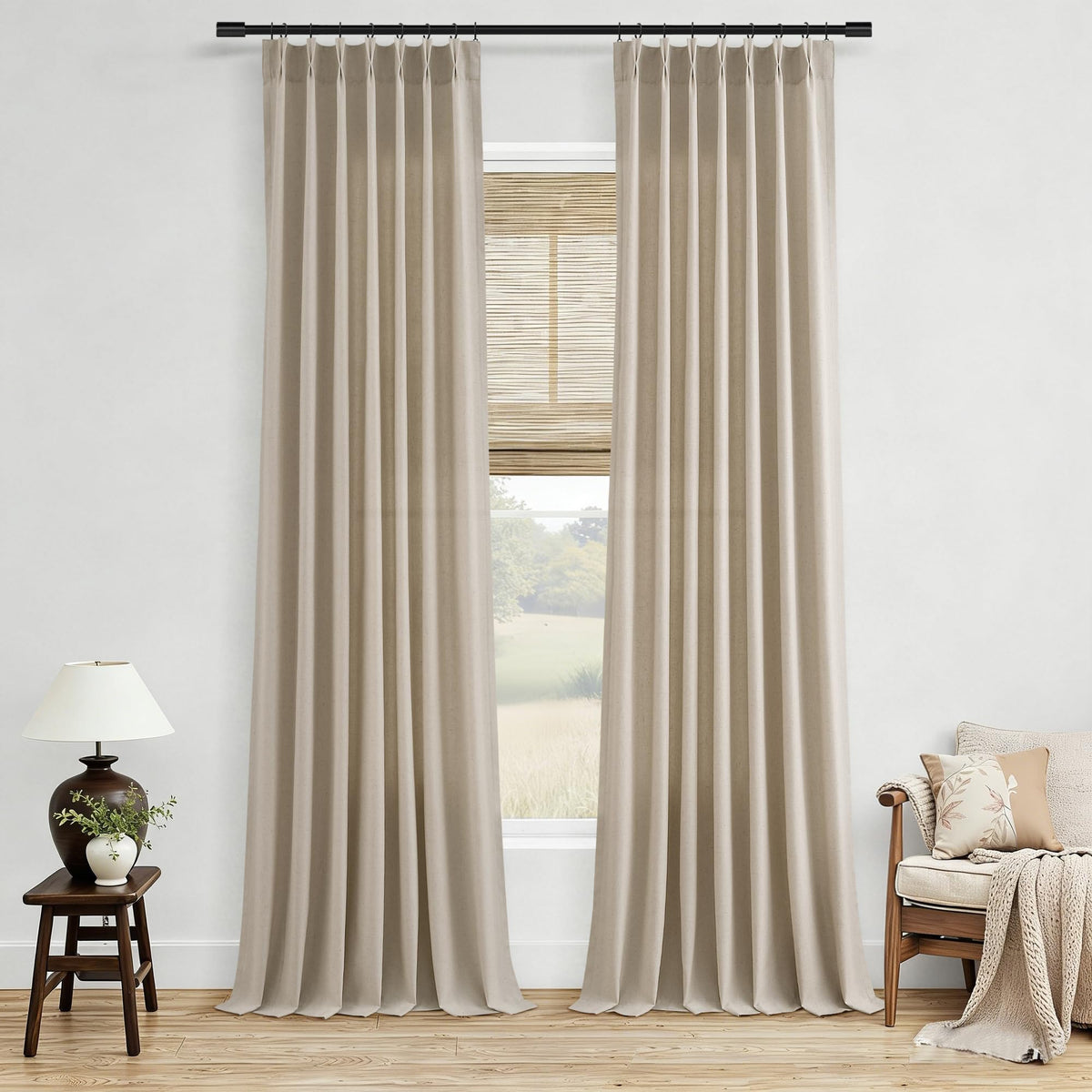 Aersas Linen Pinch Pleated Curtains 84 Inch Length 2 Panels Set for Living Room Cream Semi Sheer Window Curtain for Bedroom Boho Farmhouse Neutral Back Tab Drape Decor with Hooks, Natural Beige Ivory