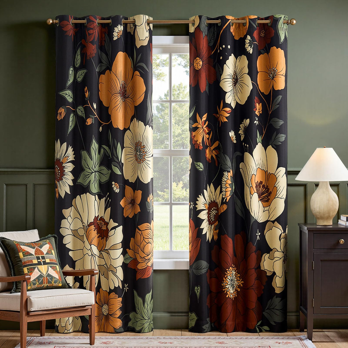 jinchan Black Boho Floral Blackout Curtains W100xL96 Grommet 1 Panel