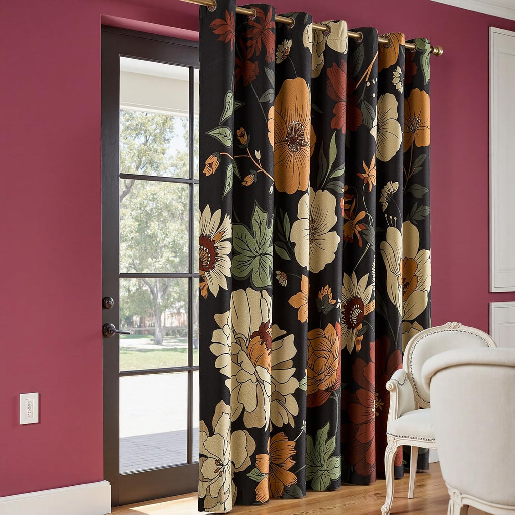 jinchan Black Boho Floral Blackout Curtains W100xL96 Grommet 1 Panel