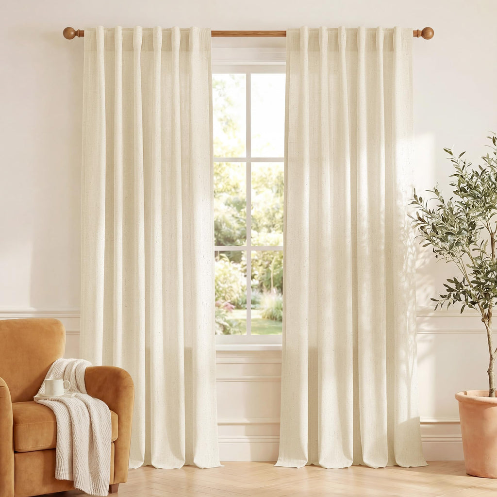 NICETOWN Flax Sheer Linen Curtains for Living Room 95 inch Long 2 Panels, Rod Pocket & Back Tab Semi Sheer Drapes Privacy Added with Light Filtering for Bedroom/Living Room, Natural, W55 x L95
