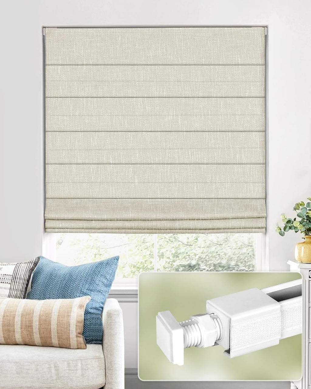 UNISHADES No Drill Cordless Roman Shades, Room Darkening, 35×64 in Beige