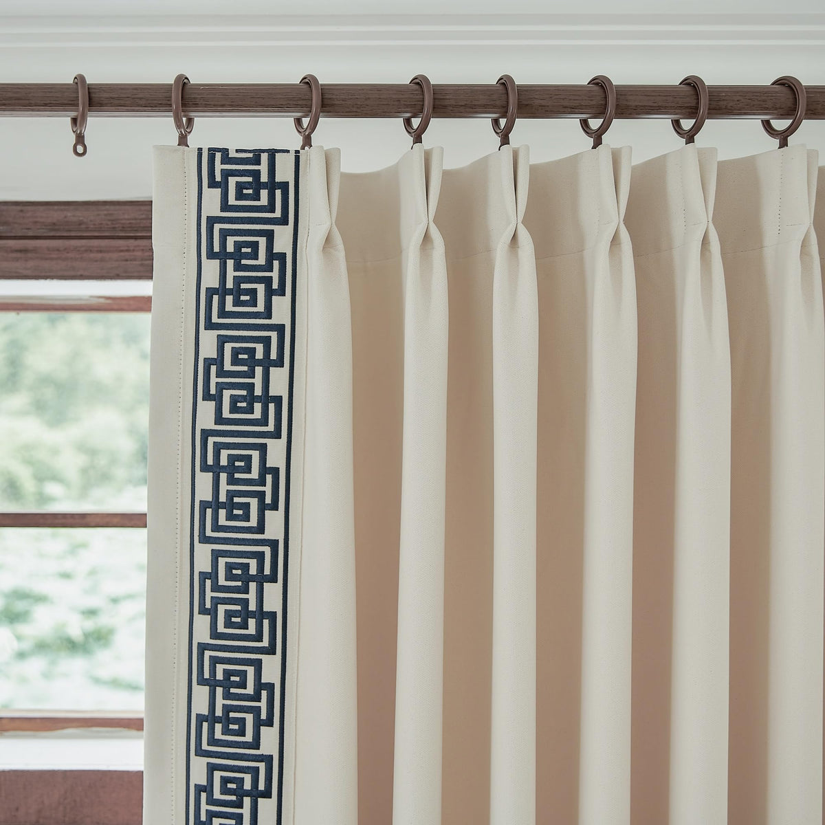VisionaryHomeDesign Blue Pinch Pleat Cotton Linen Blend Curtains, Drapes with Greek Key Trim, Room Darkening Curtains for Rooms Doors Windows (50‘’W x 84‘’L)