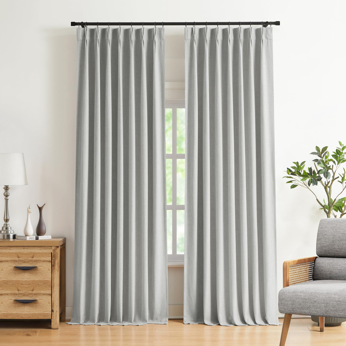 Vision Home Natural Pinch Pleated Full Blackout Curtains Linen Blended Room Darkening Window Curtains 108 inch for Living Room Bedroom Thermal Insulated Pinch Pleat Drapes with Hooks 40" Wx108 Lx2