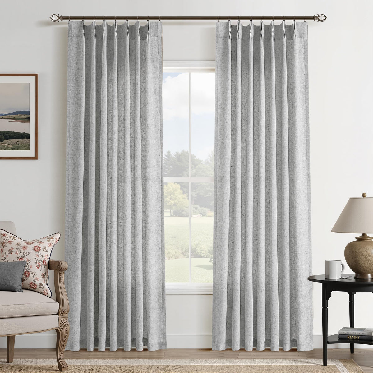 Aersas Linen Pinch Pleated Curtains 84 Inch Length 2 Panels Set for Living Room Cream Semi Sheer Window Curtain for Bedroom Boho Farmhouse Neutral Back Tab Drape Decor with Hooks, Natural Beige Ivory
