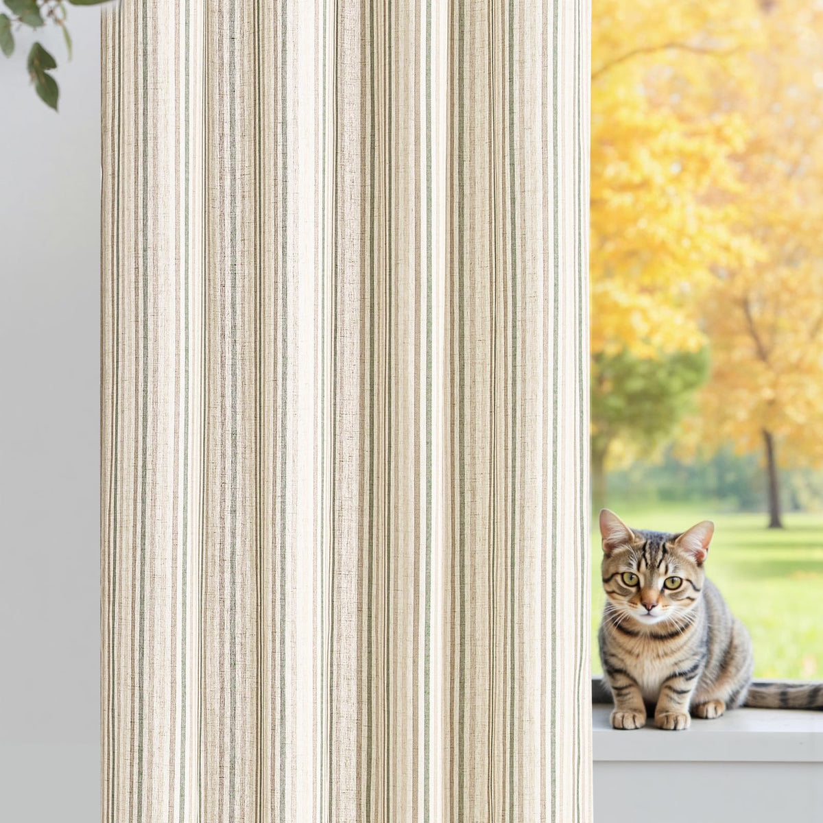 jinchan Linen Curtains 84 Inch Taupe Stripe on Linen Grommet 2 Panels