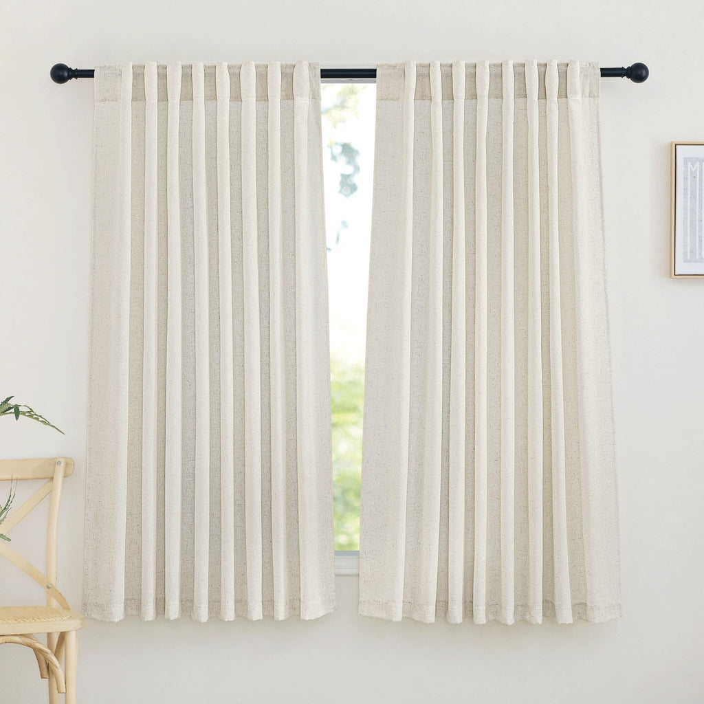 NICETOWN Flax Sheer Linen Curtains for Living Room 95 inch Long 2 Panels, Rod Pocket & Back Tab Semi Sheer Drapes Privacy Added with Light Filtering for Bedroom/Living Room, Natural, W55 x L95