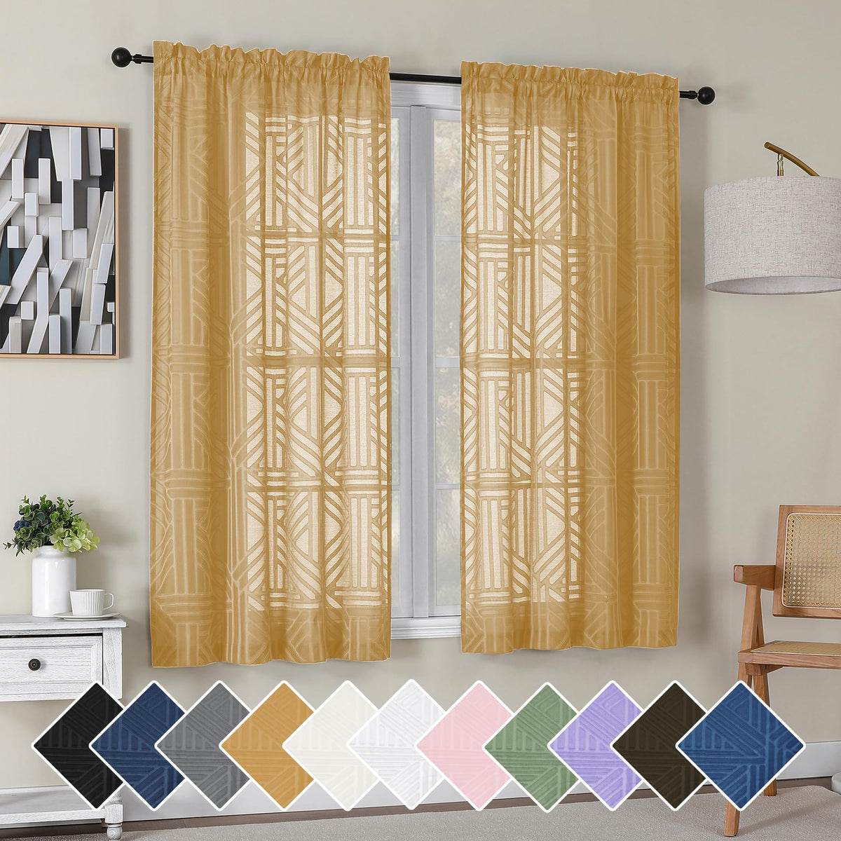 Simplebrand Dusty Blue Semi Sheer Curtains 45 Inch Length 2 Panels, Geometric Jacquard Clip Textured Short Sheer Curtains for Bedroom，Modern Elegant Window Curtains Drapes/Treatment Sheer，42x45 inch