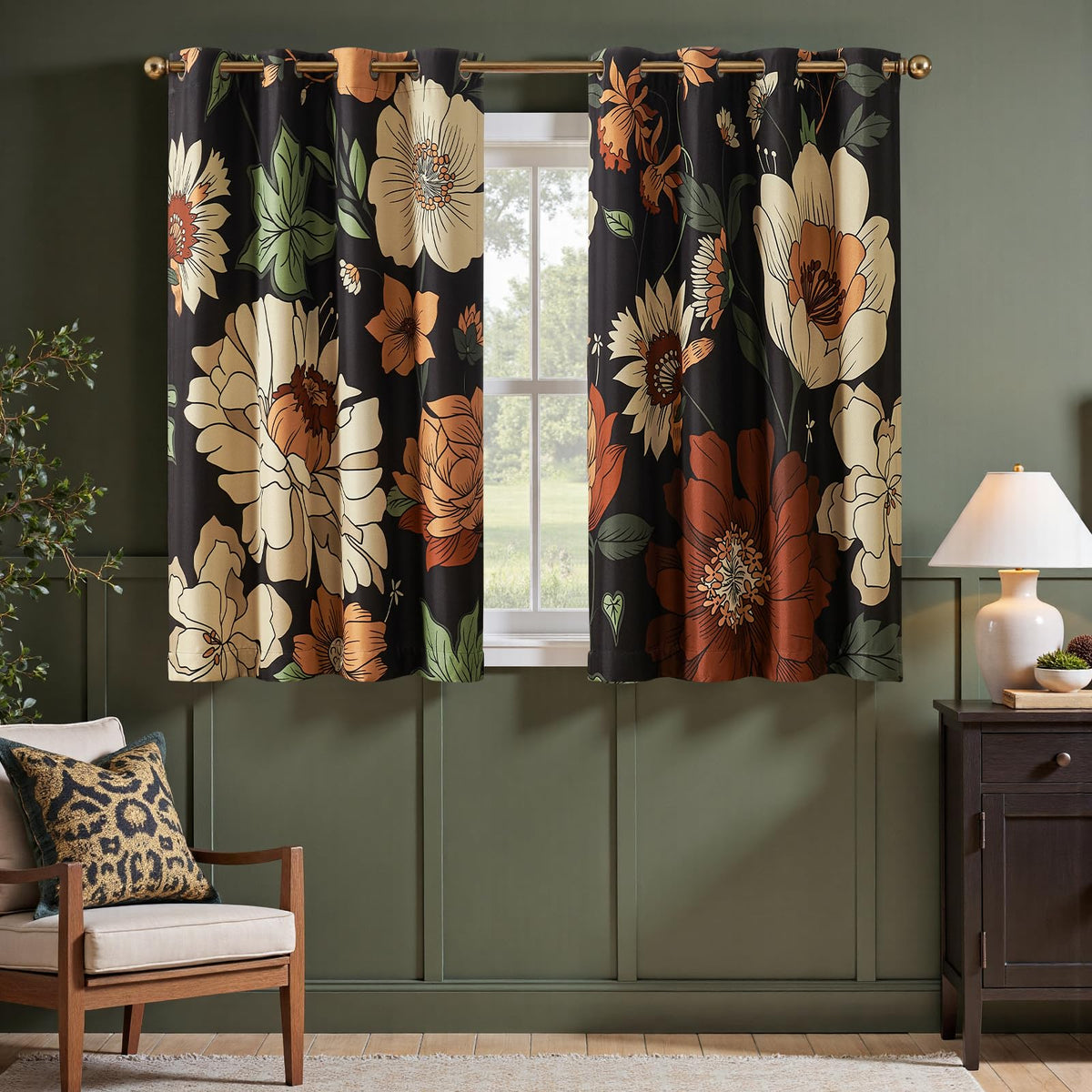 jinchan Black Boho Floral Blackout Curtains W100xL96 Grommet 1 Panel