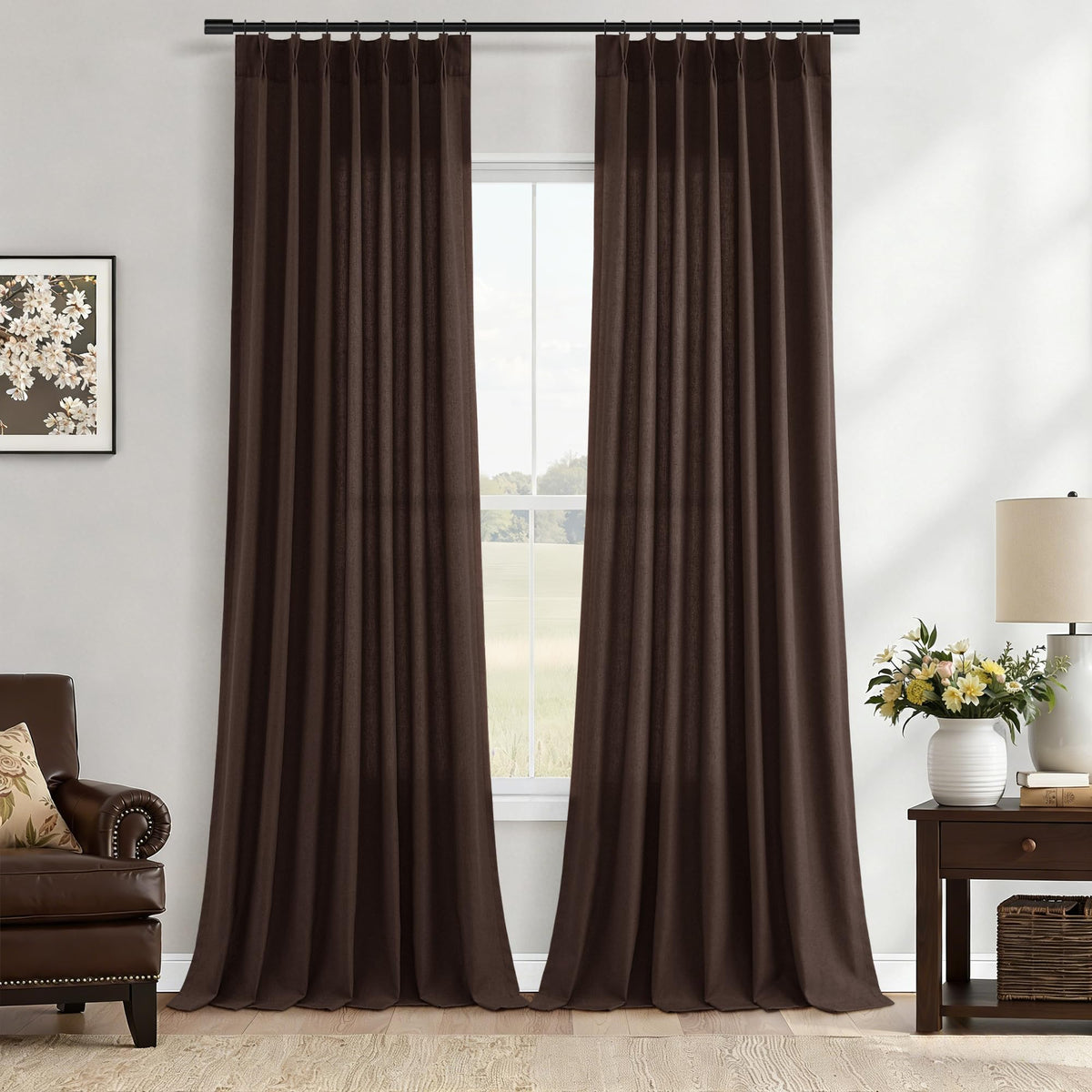 Aersas Linen Pinch Pleated Curtains 84 Inch Length 2 Panels Set for Living Room Cream Semi Sheer Window Curtain for Bedroom Boho Farmhouse Neutral Back Tab Drape Decor with Hooks, Natural Beige Ivory