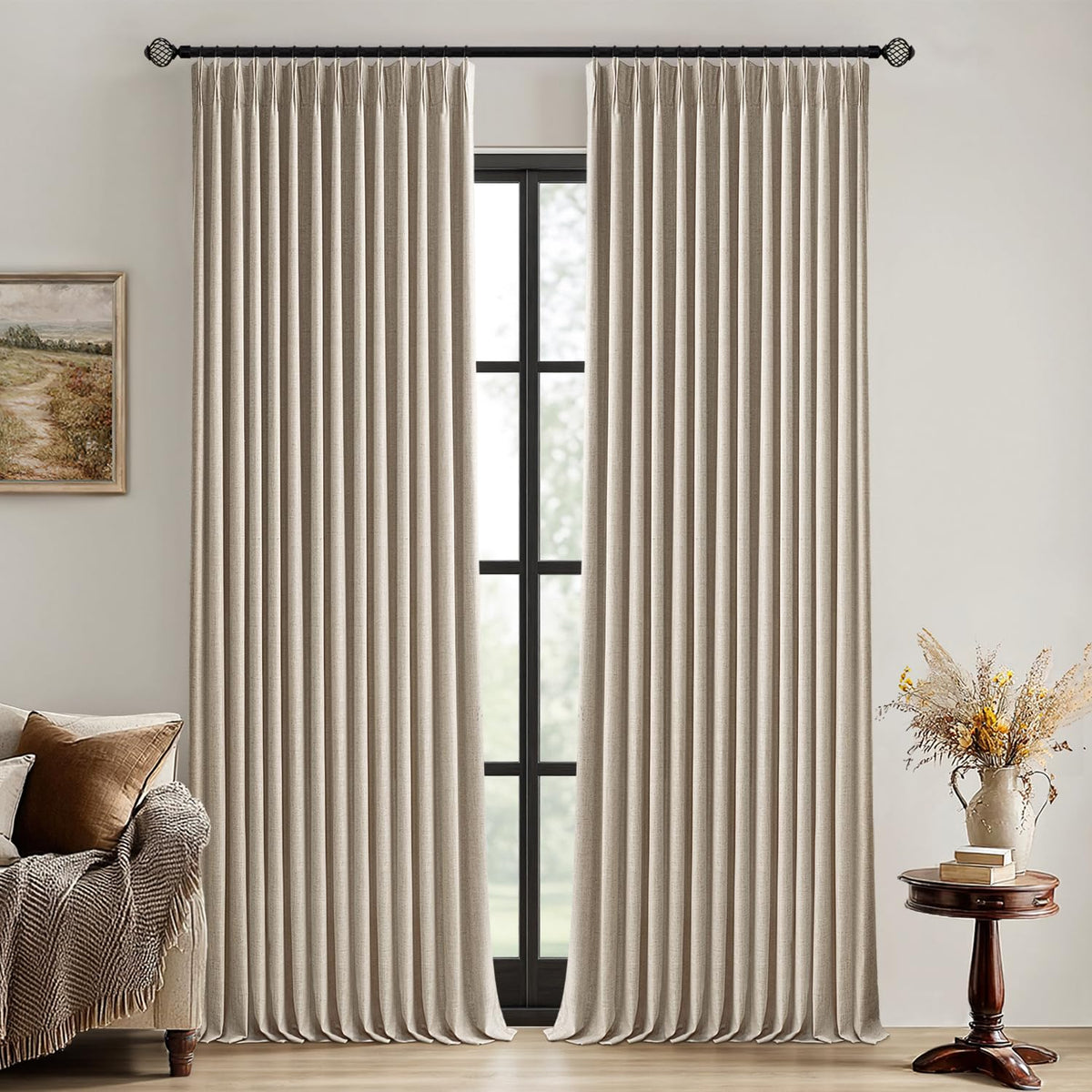 MIULEE Olive Green Pinch Pleated 100% Blackout Linen Curtains 40x108 Inches