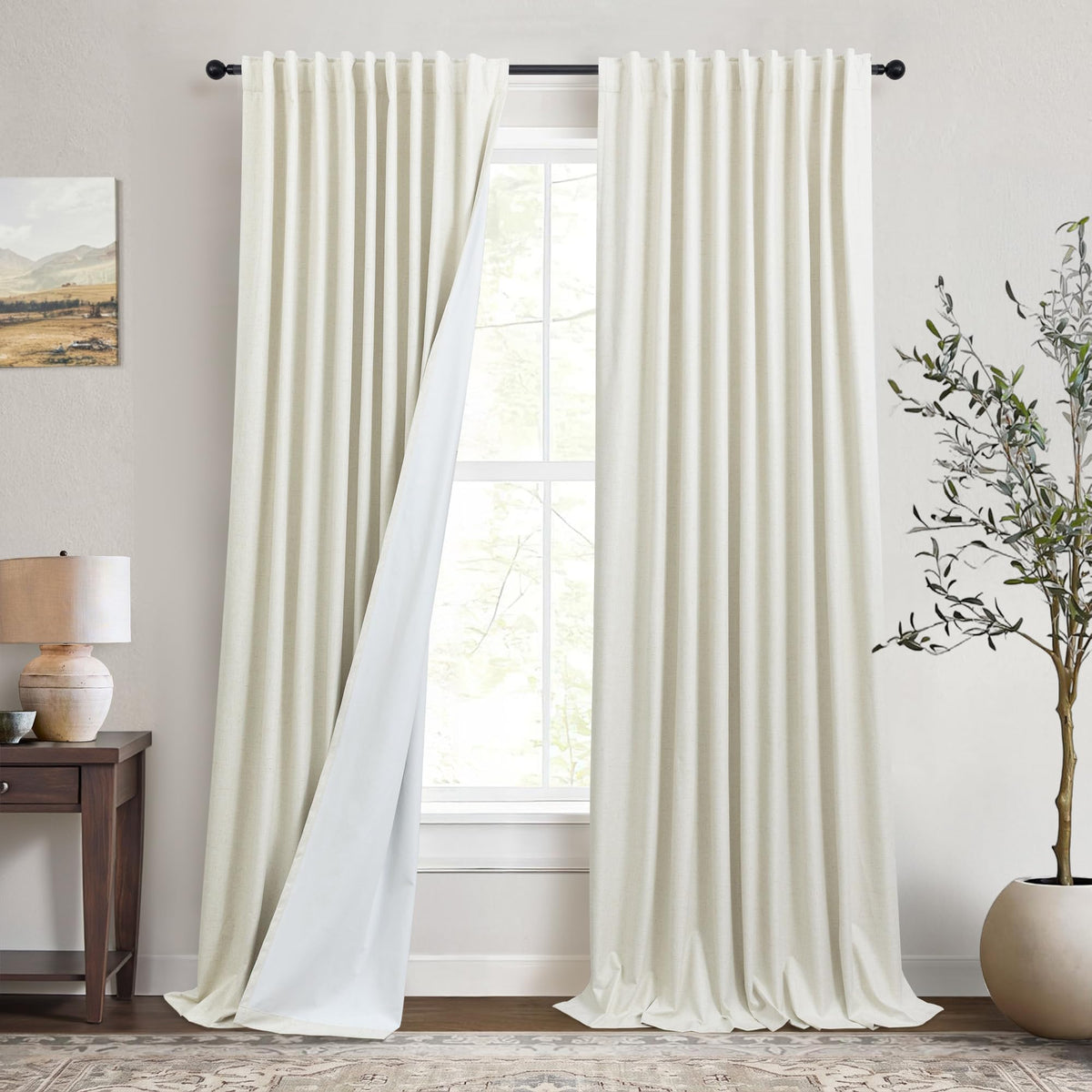 Natural Linen Back Tab Blackout Curtains & Drapes 96 Inch Long for Bedroom Livingroom Farmhouse Curtain 2 Panel Neutral Cute Black Out Room Darkening Thermal Insulated 8ft Pleated Window Curtain Cream