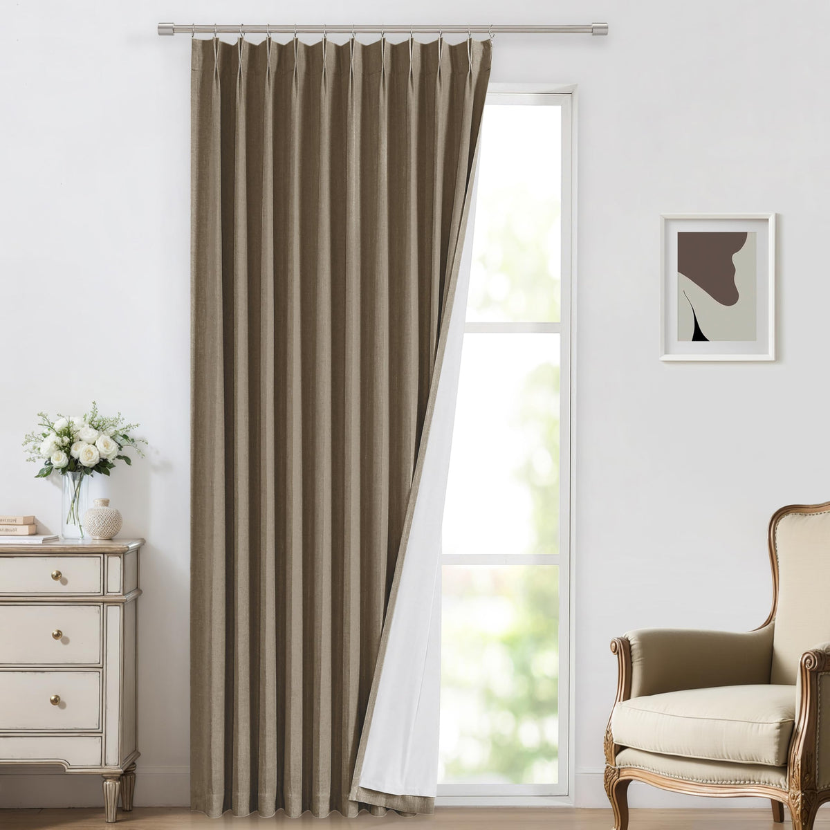 Vision Home Natural Pinch Pleated Full Blackout Curtains Linen Blended Room Darkening Window Curtains 108 inch for Living Room Bedroom Thermal Insulated Pinch Pleat Drapes with Hooks 40" Wx108 Lx2