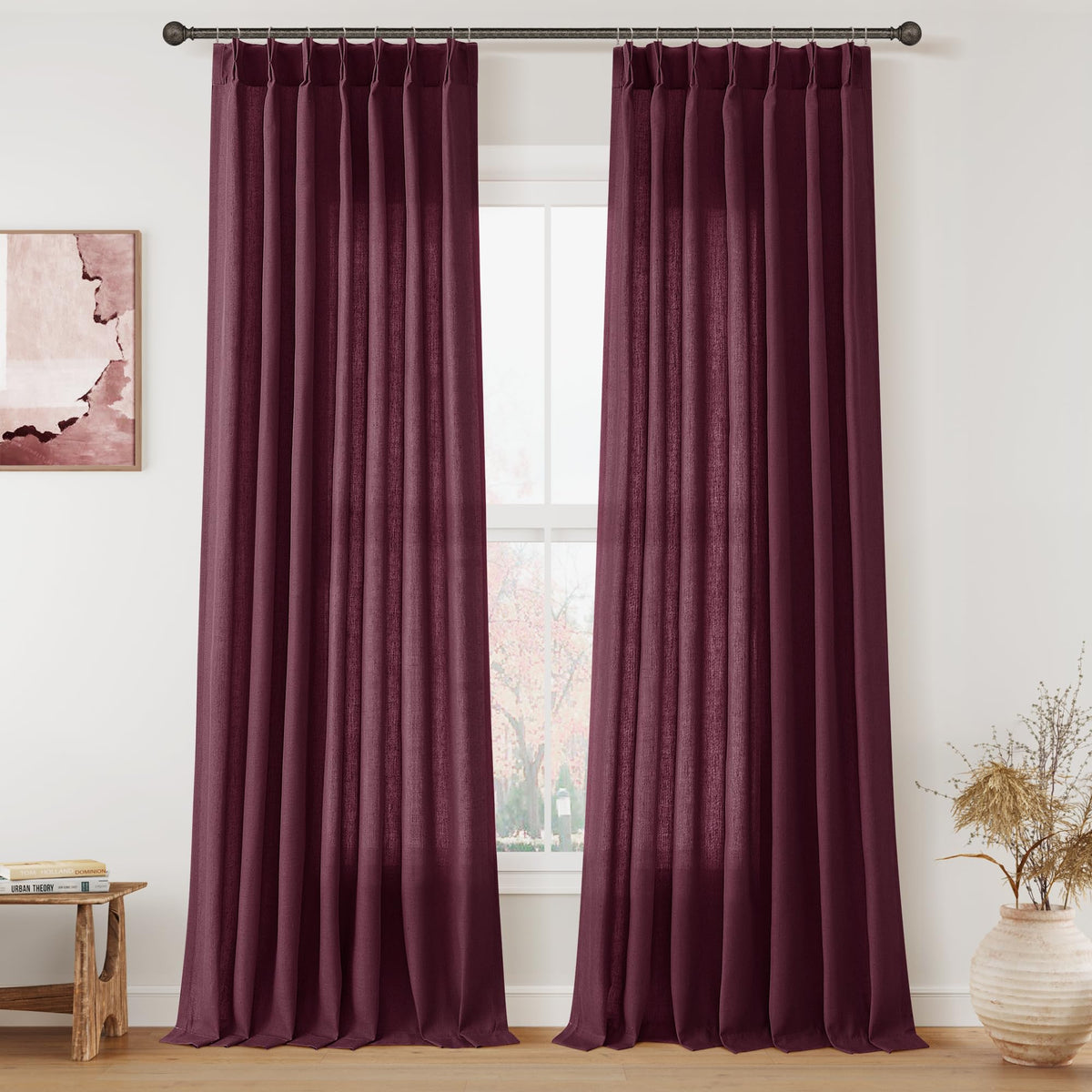 Aersas Linen Pinch Pleated Curtains 84 Inch Length 2 Panels Set for Living Room Cream Semi Sheer Window Curtain for Bedroom Boho Farmhouse Neutral Back Tab Drape Decor with Hooks, Natural Beige Ivory