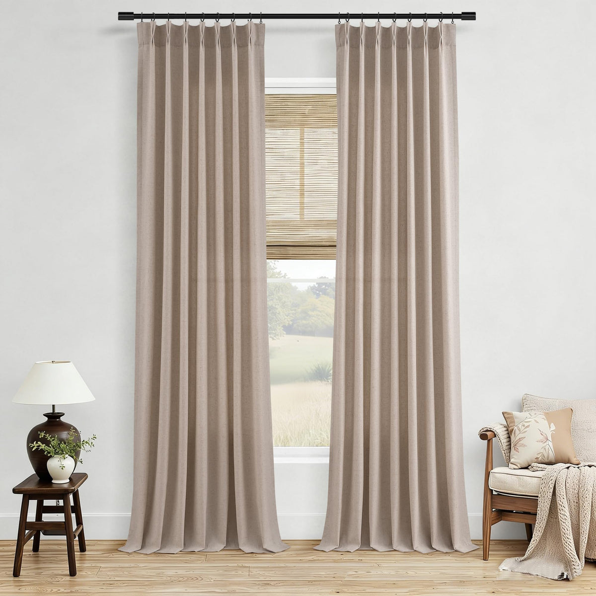Aersas Linen Pinch Pleated Curtains 84 Inch Length 2 Panels Set for Living Room Cream Semi Sheer Window Curtain for Bedroom Boho Farmhouse Neutral Back Tab Drape Decor with Hooks, Natural Beige Ivory