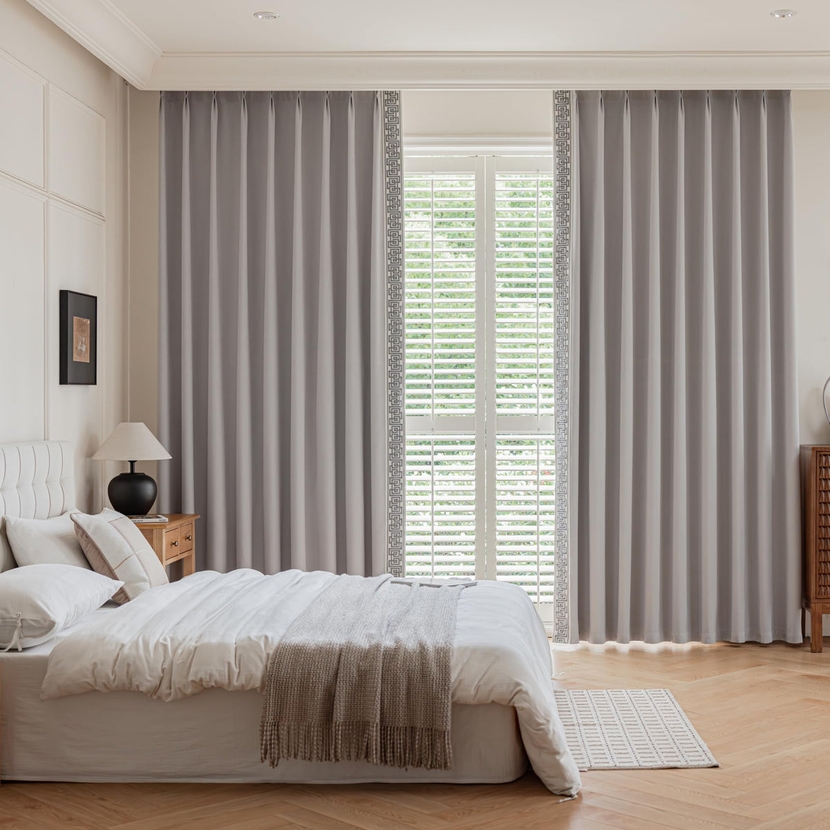 VisionaryHomeDesign Blue Pinch Pleat Cotton Linen Blend Curtains, Drapes with Greek Key Trim, Room Darkening Curtains for Rooms Doors Windows (50‘’W x 84‘’L)