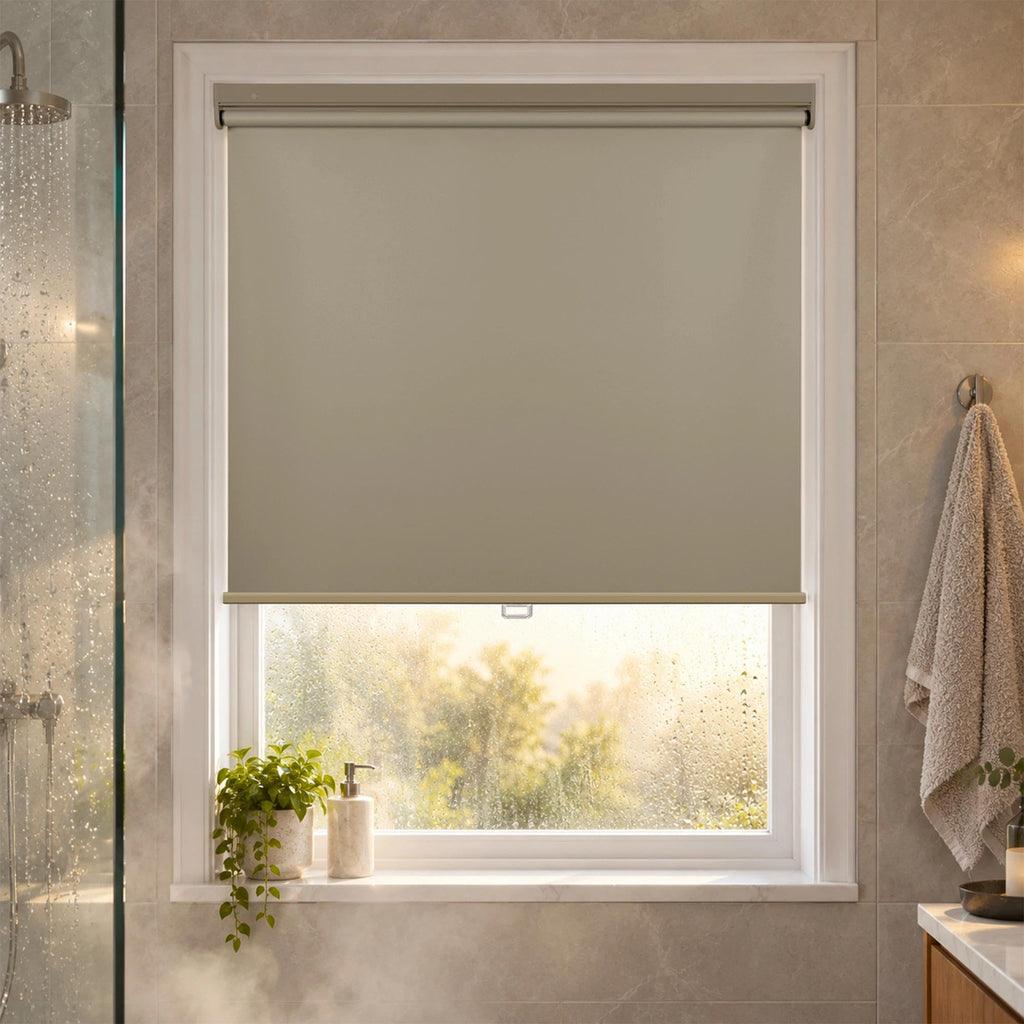 HESTIA No Drill Cordless Blackout Roller Shades Screwless Waterproof Shower Window Blinds, Auto-Retraction Easy Install Blind for Bathroom/Kitchen/Office/Exterior, White, 21" W x 54" H