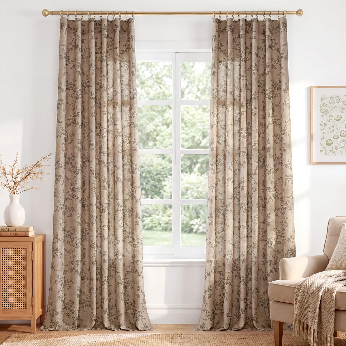 StangH Natural Linen Curtains Vintage Floral Print 108 Inch 2 Panels