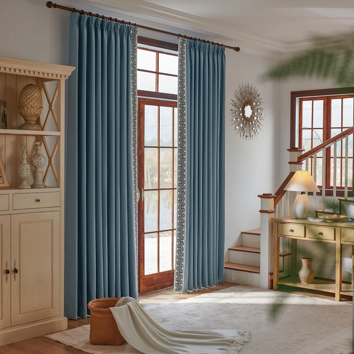 VisionaryHomeDesign Blue Pinch Pleat Cotton Linen Blend Curtains, Drapes with Greek Key Trim, Room Darkening Curtains for Rooms Doors Windows (50‘’W x 84‘’L)