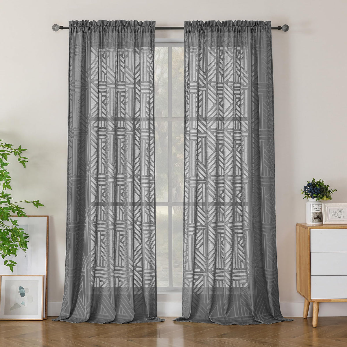 Simplebrand Dusty Blue Semi Sheer Curtains 45 Inch Length 2 Panels, Geometric Jacquard Clip Textured Short Sheer Curtains for Bedroom，Modern Elegant Window Curtains Drapes/Treatment Sheer，42x45 inch