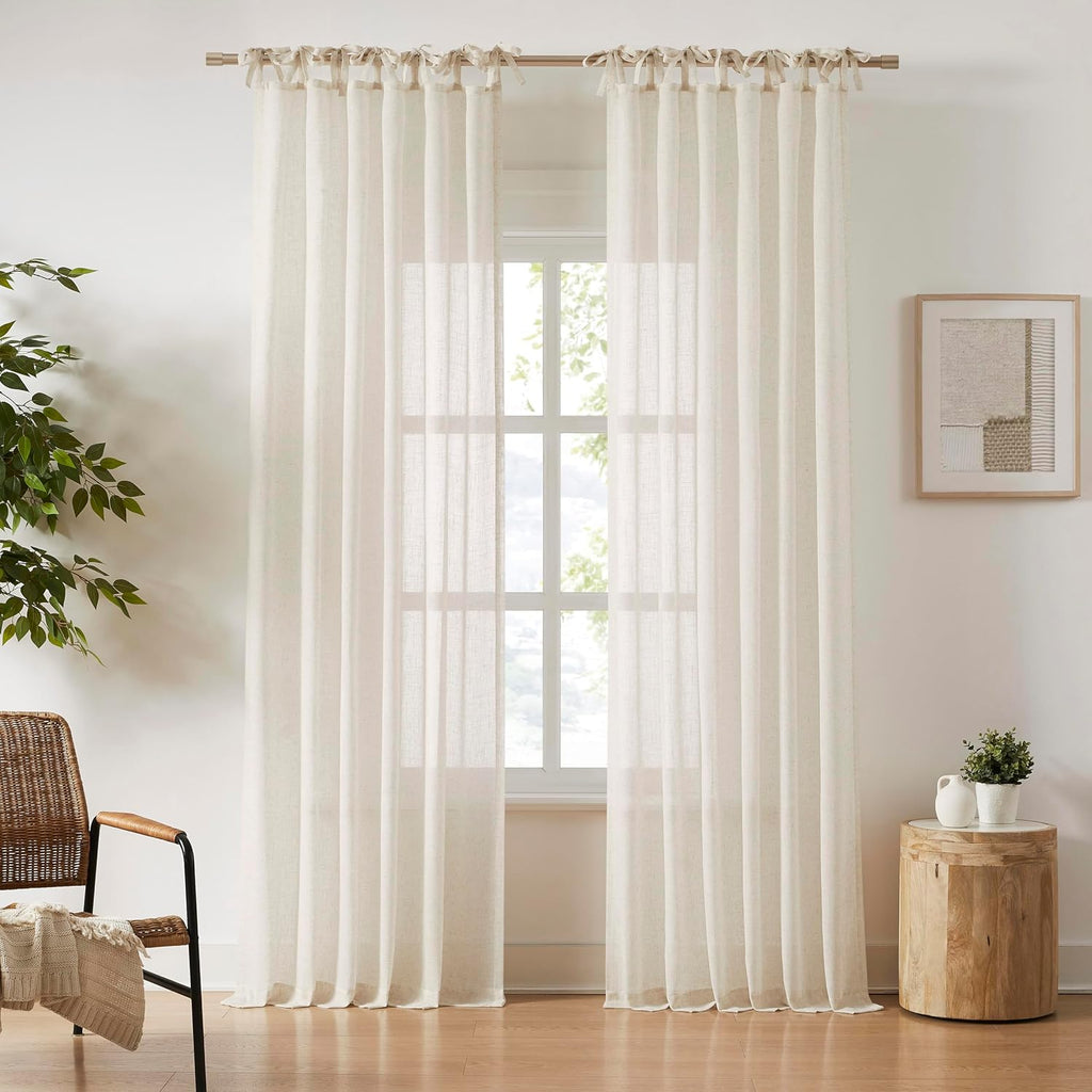 Central Park Tie Top Sheer Curtain Linen Blended, Linen, 50"Wx90"L, 2 Panel