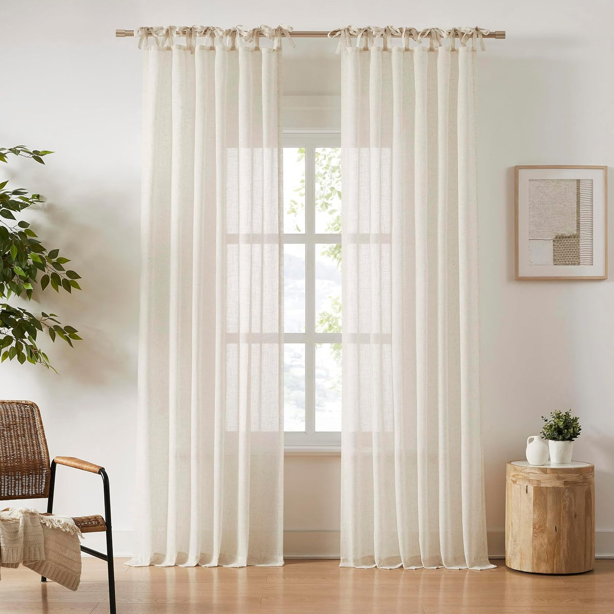 Central Park Tie Top Sheer Curtain Linen Blended, Linen, 50"Wx90"L, 2 Panel