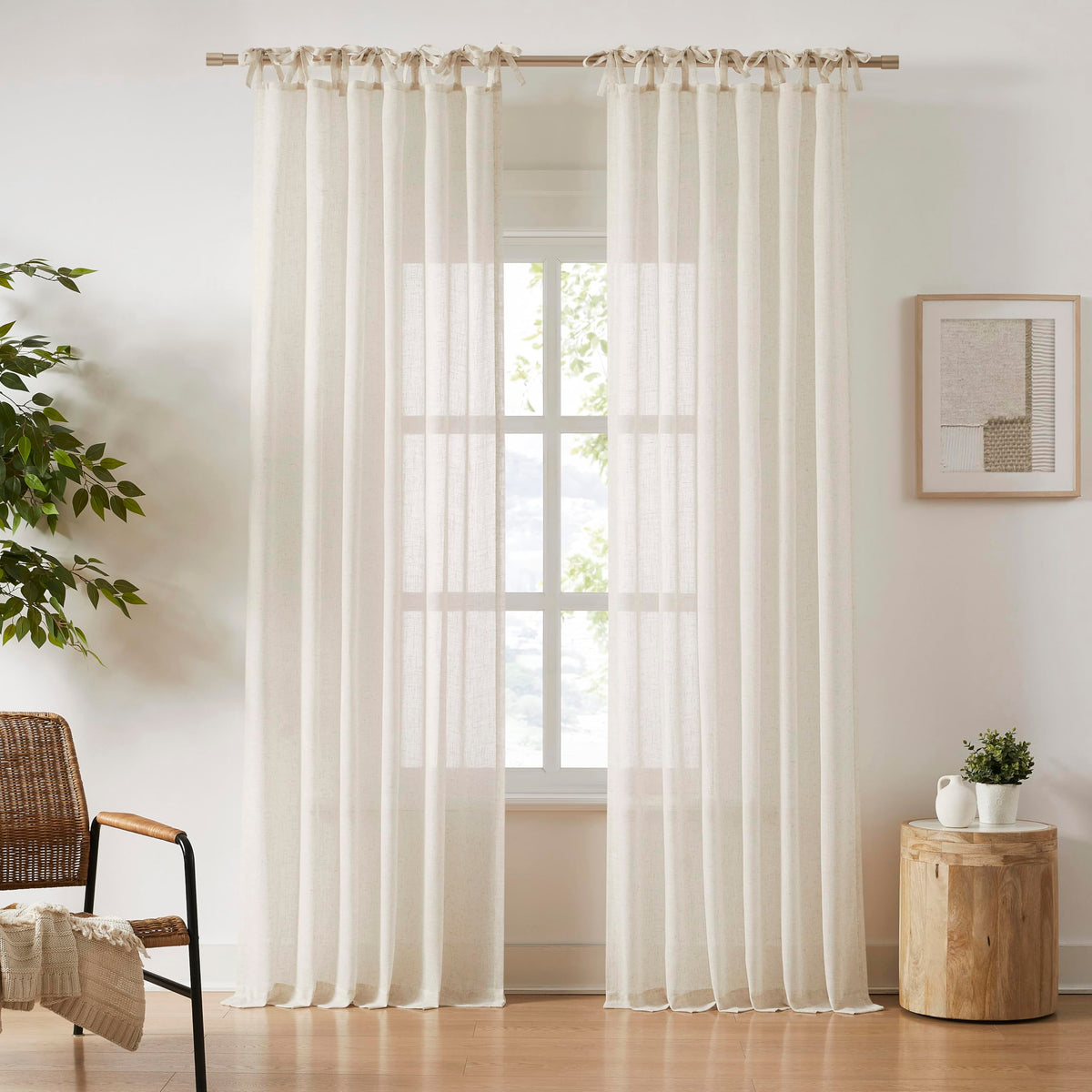 Central Park Tie Top Sheer Curtain Linen Blended, Linen, 50"Wx90"L, 2 Panel