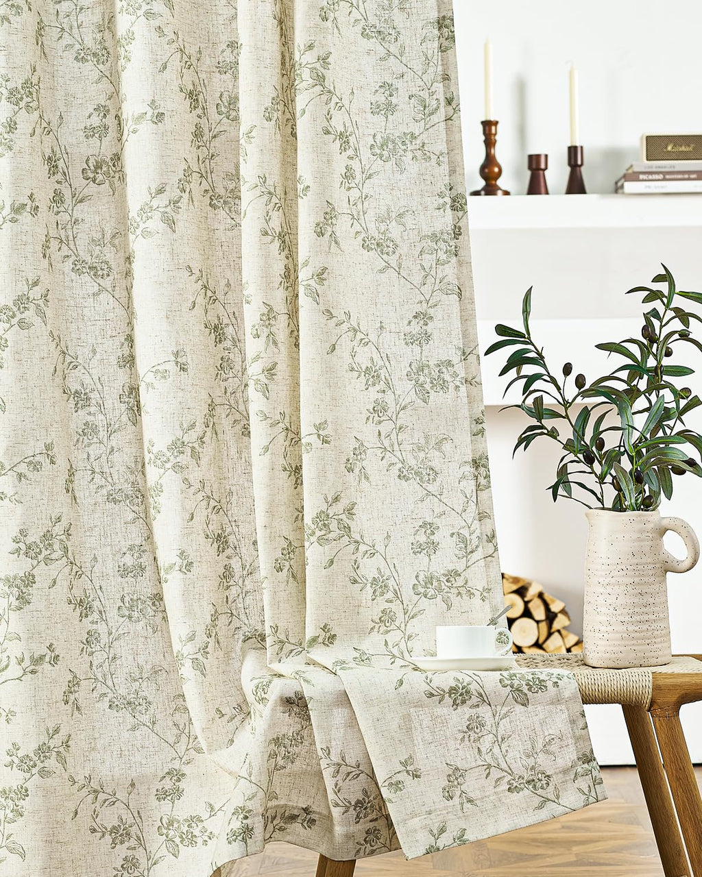 jinchan Taupe Floral Linen Curtains 84 Inch Farmhouse Back Tab 2 Panels
