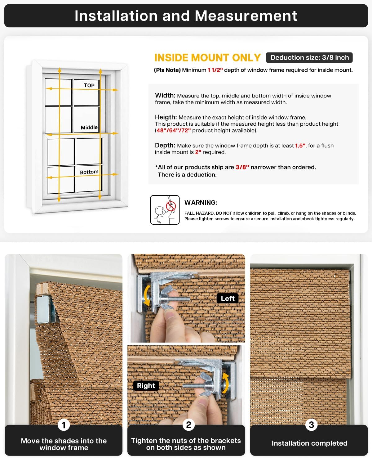 LazBlinds No Drill Bamboo Roman Shades, 22" W x 48" H, Star-Brown