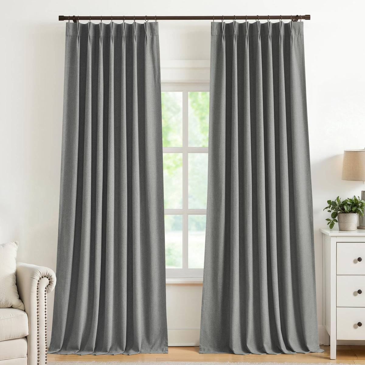 Vision Home Natural Pinch Pleated Full Blackout Curtains Linen Blended Room Darkening Window Curtains 95 inch for Living Room Bedroom Thermal Insulated Pinch Pleat Drapes with Hooks 2 Panel 40"Wx95"L