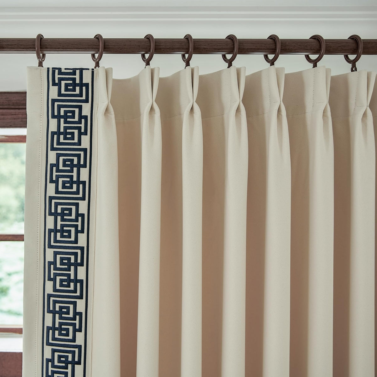 VisionaryHomeDesign Blue Pinch Pleat Cotton Linen Blend Curtains, Drapes with Greek Key Trim, Room Darkening Curtains for Rooms Doors Windows (50‘’W x 84‘’L)
