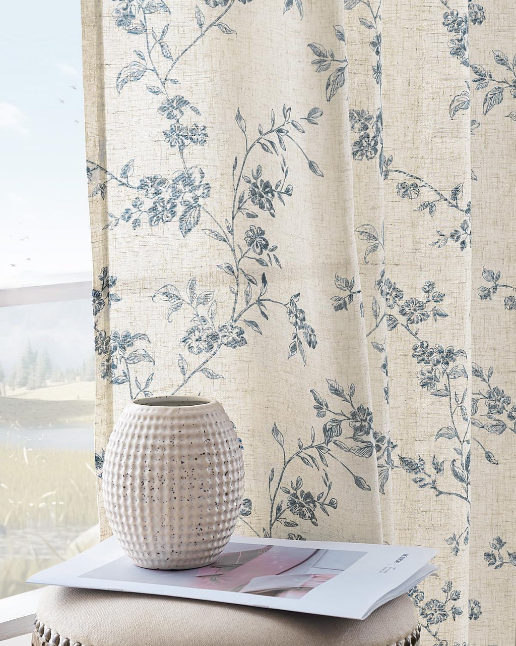 jinchan Taupe Floral Linen Curtains 84 Inch Farmhouse Back Tab 2 Panels