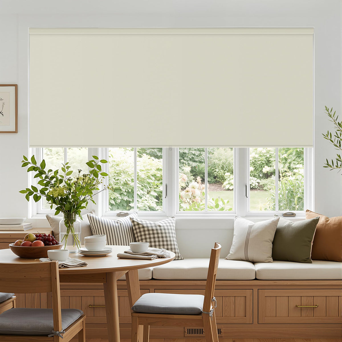 Blackout Roller Shades for Bedroom Window Cordless Free-Stop Blinds with Valance UV Protection 100% Black Out Linen Shades Blinds for Indoor Bathroom Windows Living Room Beige Oatmeal 34" W x 72" H