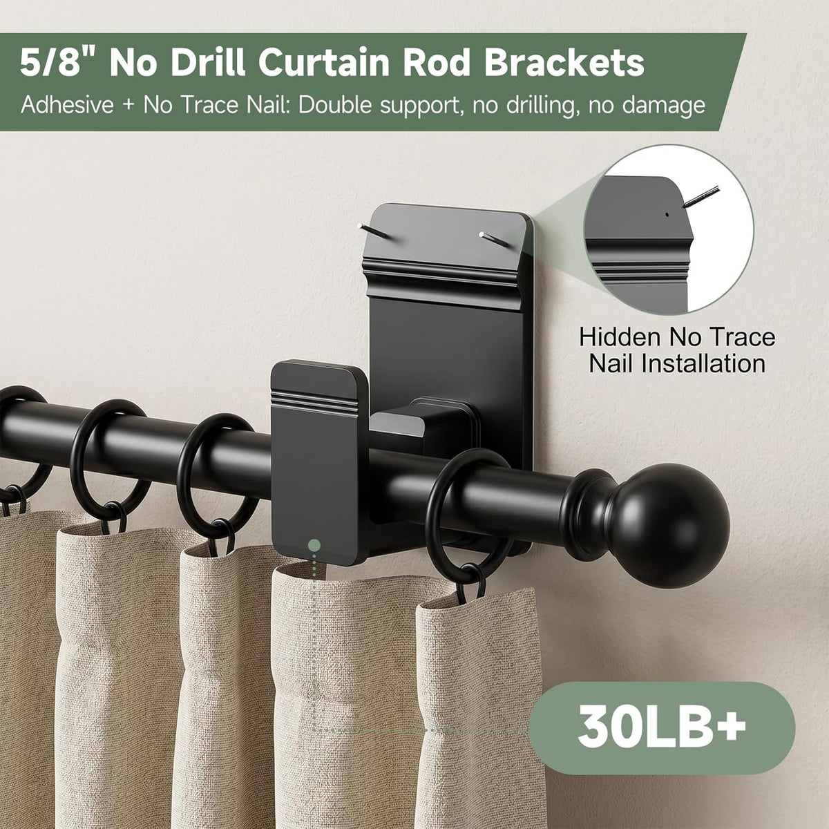 EKOTTOK No Drill Curtain Rod Brackets for 5/8" Rod, Heavy Duty 30LB+, Adhesive & Invisible Nail Curtain Rod Holders, Damage-Free Wall Mount Hooks for Bathroom, Kitchen, Bedroom (4PC, Black)