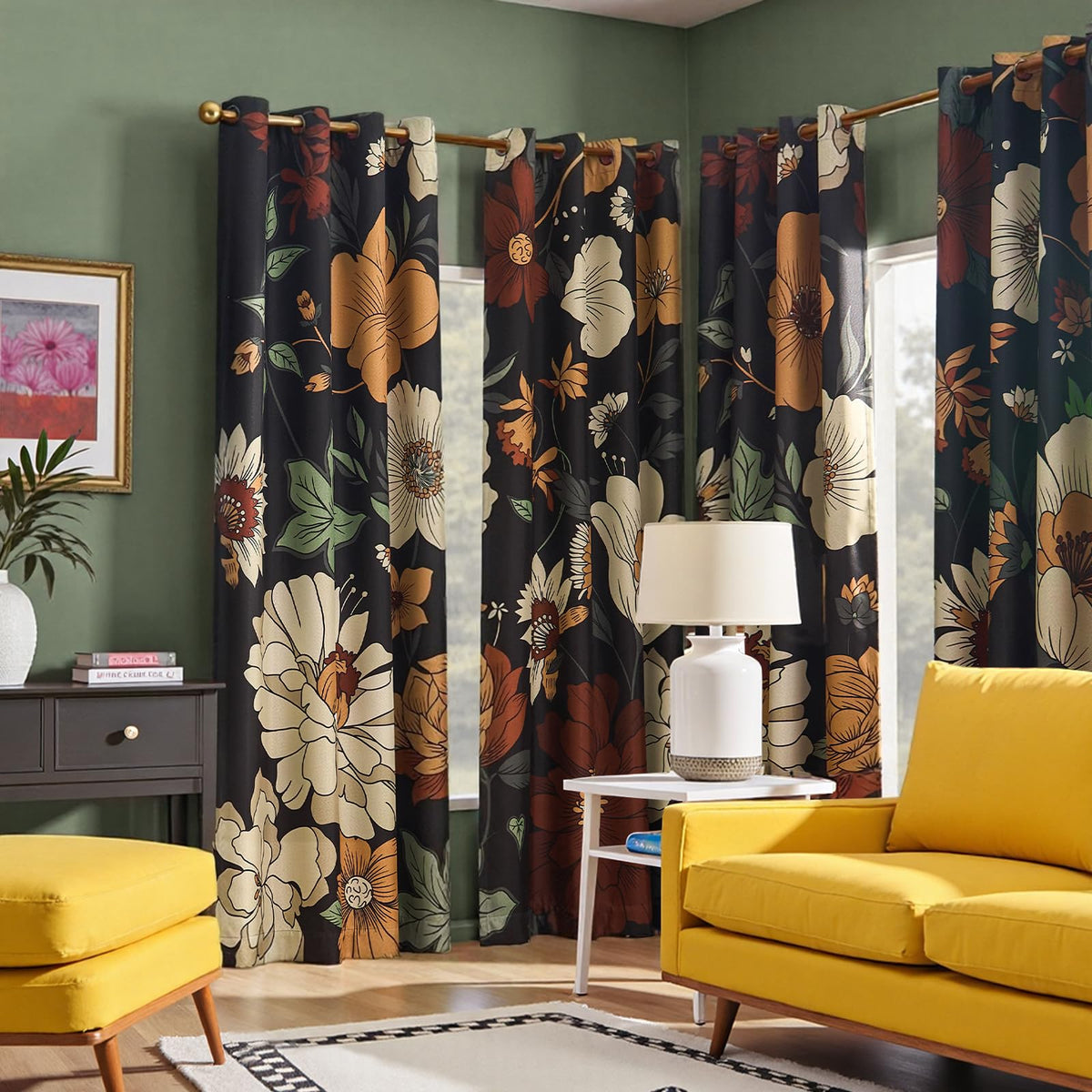 jinchan Black Boho Floral Blackout Curtains W100xL96 Grommet 1 Panel