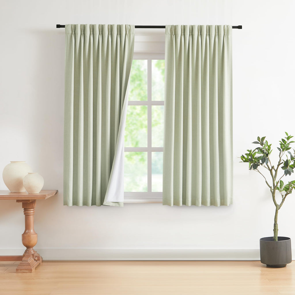 Vision Home Natural Pinch Pleated Full Blackout Curtains Linen Blended Room Darkening Window Curtains 108 inch for Living Room Bedroom Thermal Insulated Pinch Pleat Drapes with Hooks 40" Wx108 Lx2