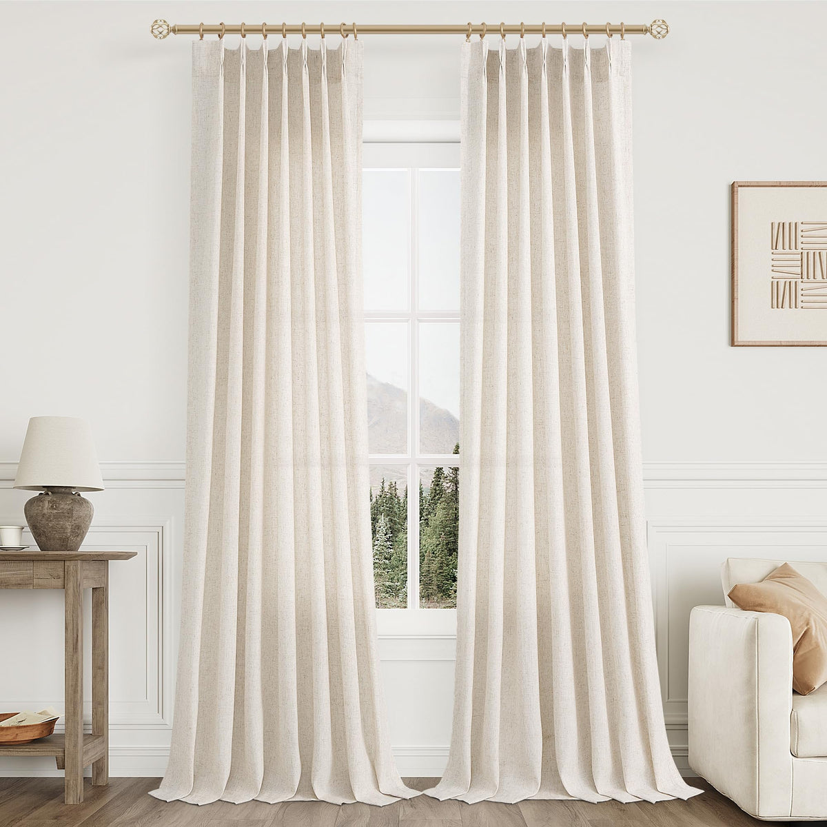 Aersas Linen Pinch Pleated Curtains 84 Inch Length 2 Panels Set for Living Room Cream Semi Sheer Window Curtain for Bedroom Boho Farmhouse Neutral Back Tab Drape Decor with Hooks, Natural Beige Ivory