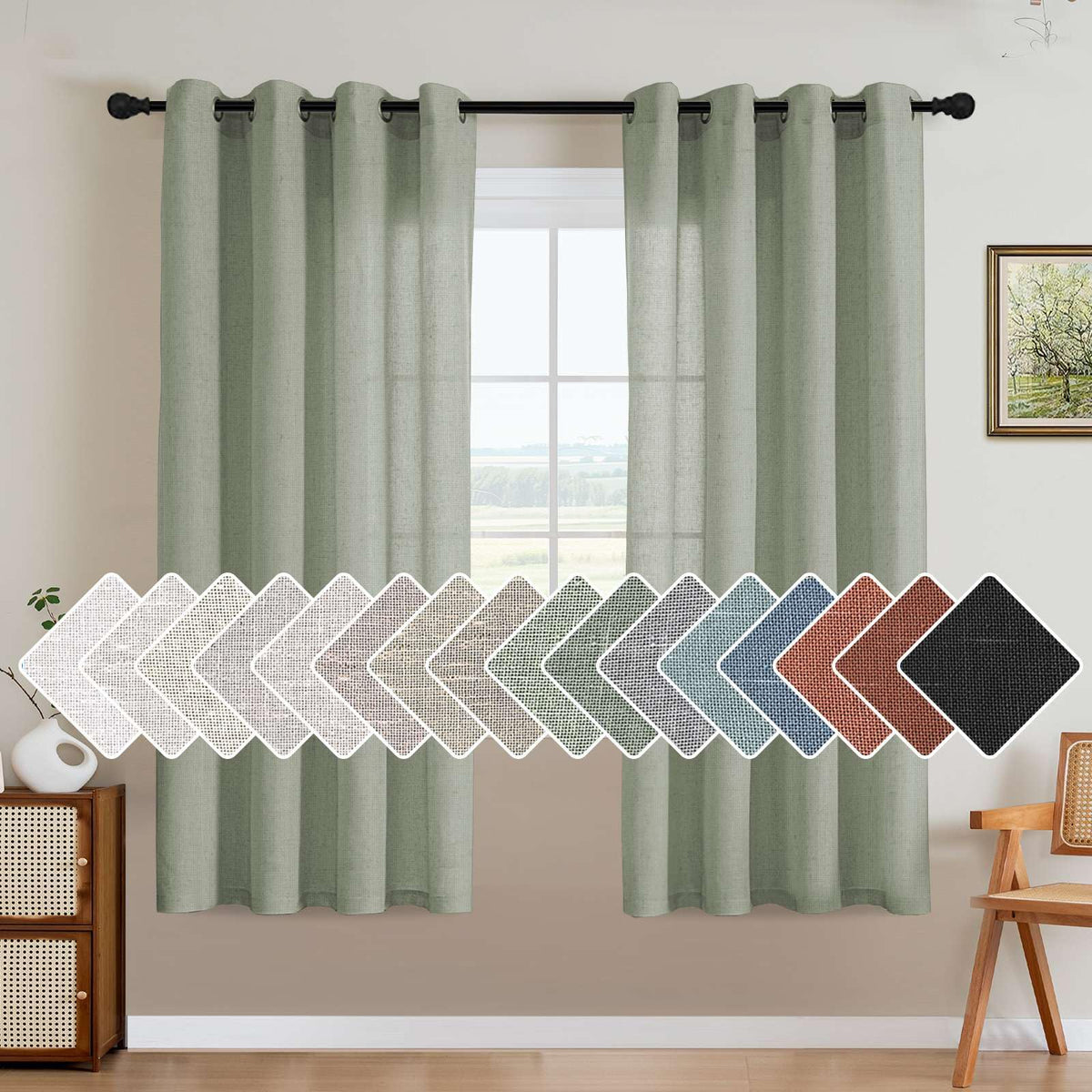 H.VERSAILTEX Natural Linen Grommet Curtains 84 Inch Length for Living Room 2 Panel Drape Semi Sheer Neutral Country Rustic Farmhouse Boho Curtain Bedroom Muslin Look Light Filtering, Heathered Natural