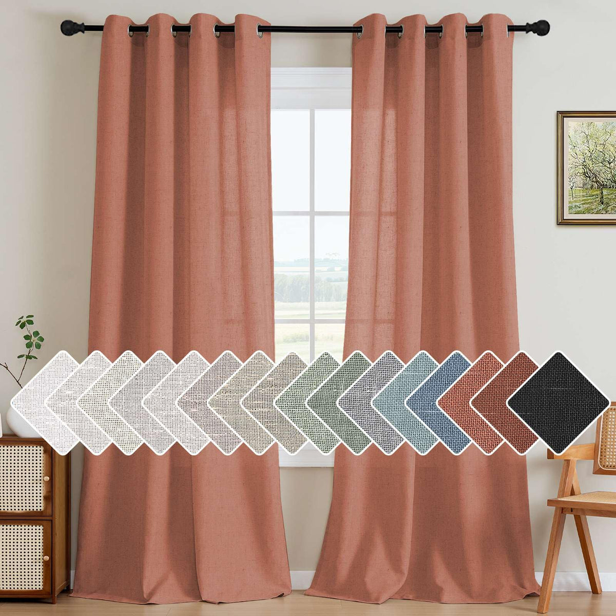 H.VERSAILTEX Natural Linen Grommet Curtains 84 Inch Length for Living Room 2 Panel Drape Semi Sheer Neutral Country Rustic Farmhouse Boho Curtain Bedroom Muslin Look Light Filtering, Heathered Natural