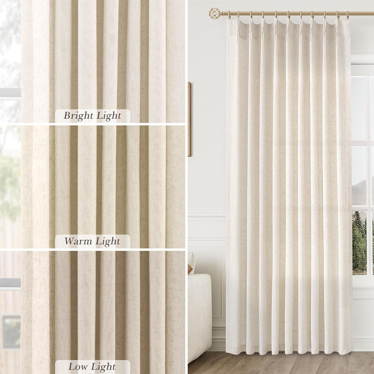 Aersas Linen Pinch Pleated Curtains 84 Inch Length 2 Panels Set for Living Room Cream Semi Sheer Window Curtain for Bedroom Boho Farmhouse Neutral Back Tab Drape Decor with Hooks, Natural Beige Ivory